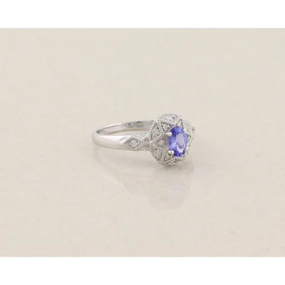 10k White Gold Natural Tanzanite & Diamond Ring Size 8 3/4 - Picture 4 of 8